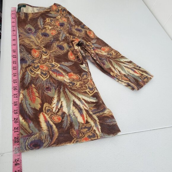 Ralph Lauren Womens Multicolor Peacock Feather Boatneck Top Size L 3/4 Sleeve - Picture 6 of 8